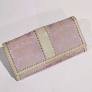 Coach Signature Canvas Long Wallet Snap Closure White Purple - Good Condition